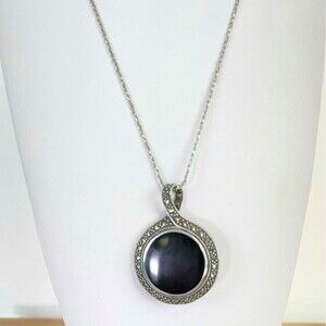 Vintage 925 Silver Marcasite Black Onyx Reversible Pendant Necklace